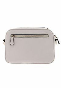 Borsa a tracolla in pelle grigia chiara con superficie liscia, forma rettangolare, zip superiore e tasca frontale con zip e hardware argentato.