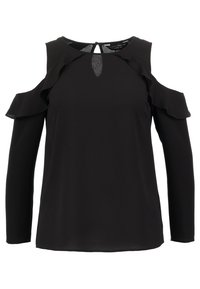Blusa nera a spalle scoperte con dettagli a volant, maniche lunghe e apertura a chiave sulla parte posteriore. Realizzata in tessuto leggero e morbido.