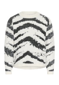 Fehér, bolyhos pulóver fekete és szürke absztrakt cikk-cakk mintákkal, kerek nyakkal és hosszú ujjal.