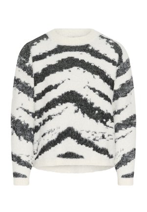 Pulover alb pufos cu modele abstracte în zigzag negre și gri, guler rotund și mâneci lungi.