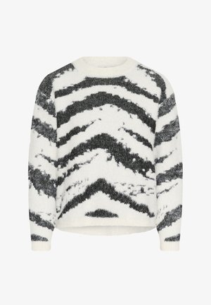 Pulover alb pufos cu modele abstracte în zigzag negre și gri, guler rotund și mâneci lungi.