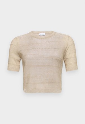 Krótki rękaw, krótki sweter w jasnym beżu z metalicznym połyskiem. Gładka tekstura z poziomymi paskami i okrągłym dekoltem.