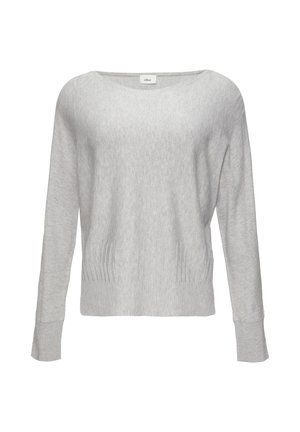 Light grey sweater with long sleeves, wide neckline, ribbed hem and cuffs, soft texture, and a relaxed fit. Ideal for casual wear.