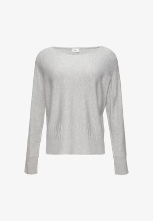Hellgrauer Pullover mit langen Ärmeln, weitem Ausschnitt, geripptem Saum und Bündchen, weicher Textur und lockerer Passform. Ideal für die Freizeit.