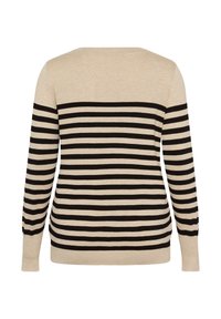 Pull beige avec des rayures noires horizontales, présentant un col rond et des manches longues. Texture tricotée, tissu de poids moyen.