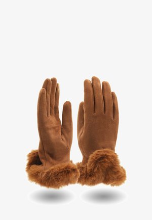 Guanti in suede marrone con polsini di pelliccia soffice, mostrati in posizione verticale con le dita distese.