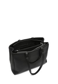 Black leather tote bag with two handles, zip closure, and an interior pocket. Smooth texture and structured shape, suitable for everyday use.