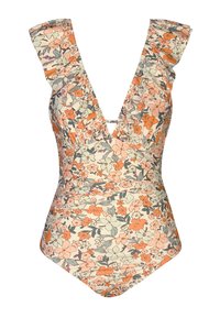 Bloemenbadpak in één stuk met oranje, perzik- en groene bloemen, diepe V-hals en gerimpelde schouderbandjes op een crèmekleurige achtergrond.