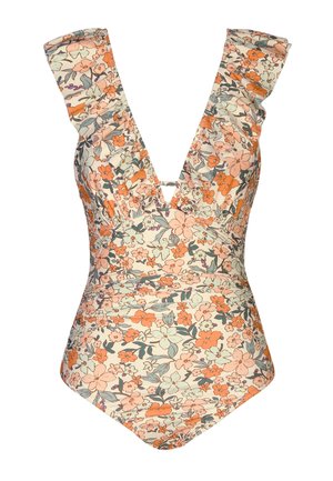 Costume intero floreale con fiori arancioni, pesca e verdi, scollo a V profondo e spalline arricciate su sfondo crema.