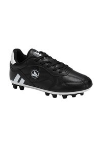Scarpe da calcio nere realizzate in materiale sintetico testurizzato, con dettagli bianchi, punta arrotondata, chiusura a lacci e diversi tacchetti sulla suola.