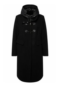 Black coat with a detachable quilted hood, featuring toggle closures, side pockets, and a straight silhouette. Made from a textured fabric.