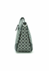 Borsa nera e grigia con motivo geometrico. Realizzata in materiale sintetico, presenta una texture liscia e dettagli in metallo argentato.