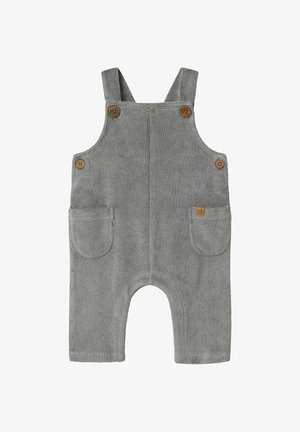Grijze terry overalls met voorzakken, houten knopen en schouderbanden. Korte benen met een afgeronde snit aan de onderkant. Zachte textuur.