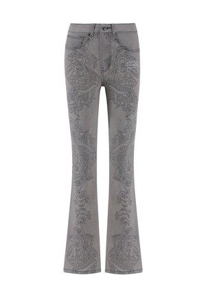 Gray denim flared jeans with detailed black paisley embroidery on the front. Features a button closure and belt loops.