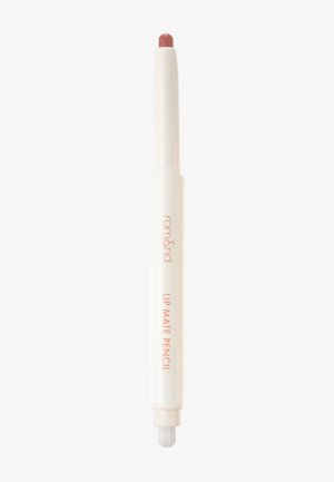 Slim white lip mate pencil with mauve tip and small brush on opposite end, "rom&nd" brand and product name printed in soft pink.