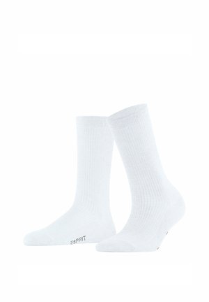 Coppia di calzini bianchi a costine fino a metà polpaccio con il marchio "ESPRIT" sul piede, mostrati su uno sfondo bianco.