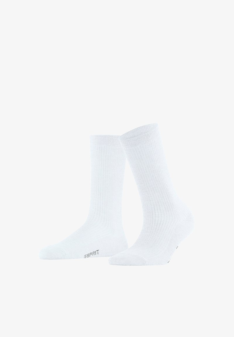 Paire de chaussettes blanches mi-mollet à côtes avec le logo "ESPRIT" sur le pied, présentées sur un fond blanc.