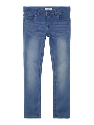 Slim-fit blue denim jeans with a faded finish, featuring four pockets, a button closure, and subtle horizontal seam details on the front.