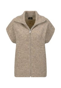 Cardigan zippé court à manches courtes beige en tricot texturé. Il présente un col haut et une coupe droite. Motif chiné subtil.