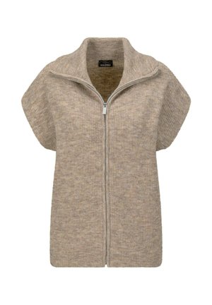 Beige korte mouwen ritssluiting cardigan gemaakt van gebreid materiaal met textuur. Kenmerken zijn een hoge kraag en een rechte snit. Subtiel gemêleerd patroon.