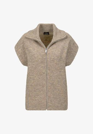 Beige korte mouwen ritssluiting cardigan gemaakt van gebreid materiaal met textuur. Kenmerken zijn een hoge kraag en een rechte snit. Subtiel gemêleerd patroon.
