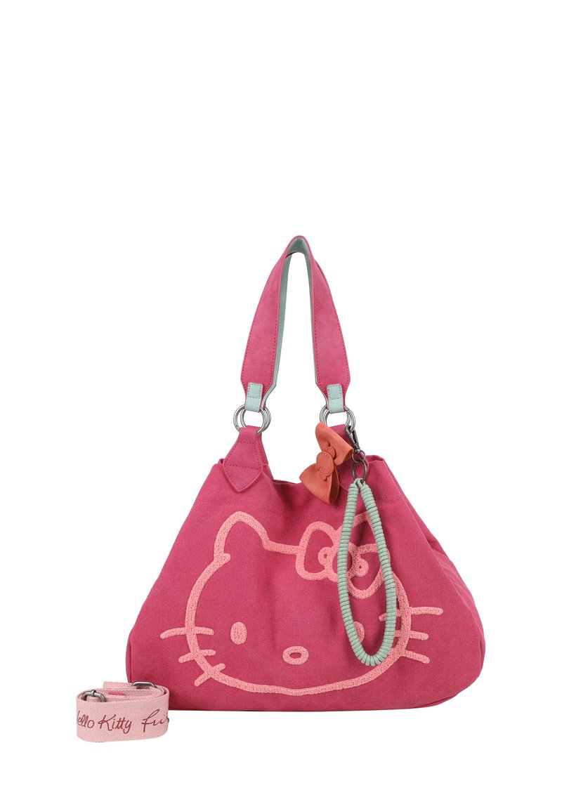 Sac en tissu rose avec un motif Hello Kitty, doté de poignées doubles, d'un accent en forme de nœud texturé et d'une bandoulière amovible avec des détails de logo.