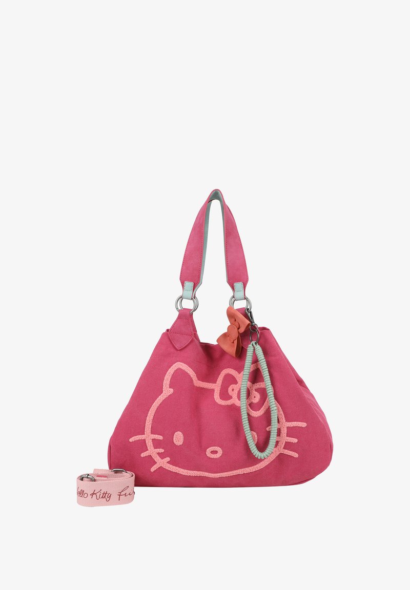Sac en tissu rose avec un motif Hello Kitty, doté de poignées doubles, d'un accent en forme de nœud texturé et d'une bandoulière amovible avec des détails de logo.
