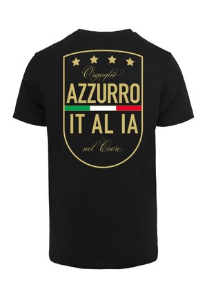 Black cotton t-shirt featuring a gold emblem with stars, text "AZZURRO ITALIA nel Cuore" and a green-white-red stripe detail.