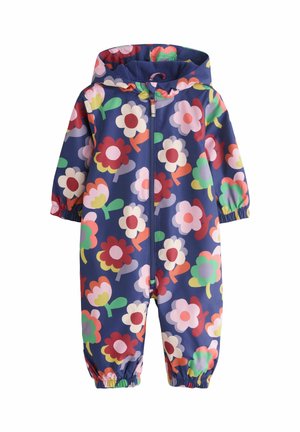 Heldragt til børn med hætte, marineblå bundfarve, store farverige blomstermønstre, lynlås foran og elastiske manchetter ved ærmer og ben.