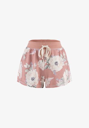 Szorty w kwiatowy wzór z miękkiego różowego materiału, z elastycznym paskiem w talii i luźnym krojem, z dużymi białymi kwiatami piwonii i liśćmi.