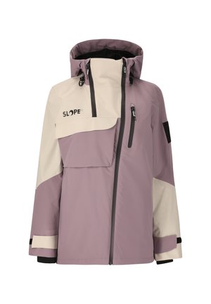 Paarse en crèmekleurige waterdichte jas met een capuchon, ritszakken, een borstzak en verstelbare manchetten. Het ontwerp heeft kleurblokken.
