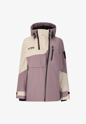 Lila und cremefarbene wasserdichte Jacke mit Kapuze, Reißverschlusstaschen, einer Brusttasche und verstellbaren Manschetten. Das Design zeichnet sich durch Farbblocking aus.