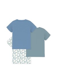 Trois t-shirts présentés : un bleu avec des rayures blanches, un bleu clair uni, et un crème avec un motif Tour Eiffel en turquoise. Manches courtes, matière coton.