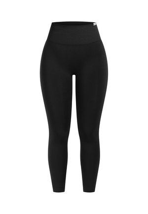 Black high-waisted seamless leggings with ribbed waistband and ankle-length fit, shown against a white background.