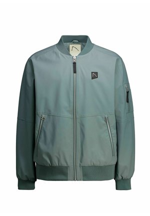 Meeste bomberjakk gradientrohelist värvi, tehtud siledast kangast, esilukuga, soonikkoes mansettide ja kahe küljetaskuga.