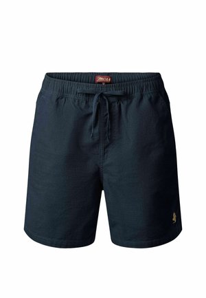 Pantaloncini da uomo blu navy con coulisse, vita elastica e piccolo logo ricamato sulla gamba destra in basso.