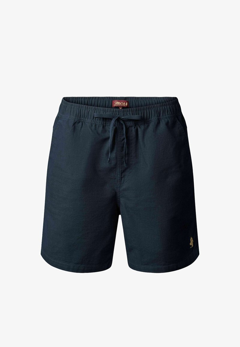Shorts pour hommes bleu marine avec cordon de serrage, taille élastique et petit logo brodé sur le bas de la jambe droite.