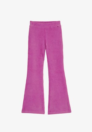 Ružové kordurové nohavice s rozšírenými nohavicami a vertikálnym žebrovaním, s elastickým pásom a malým dekoratívnym detailom vpredu.