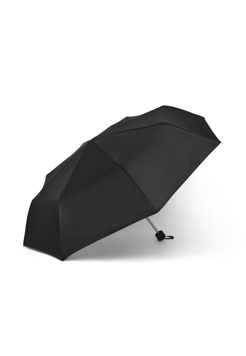 Ombrello nero con tenda curva, otto pannelli e manico in metallo argentato. Progettato per essere compatto e dotato di cinturino da polso.