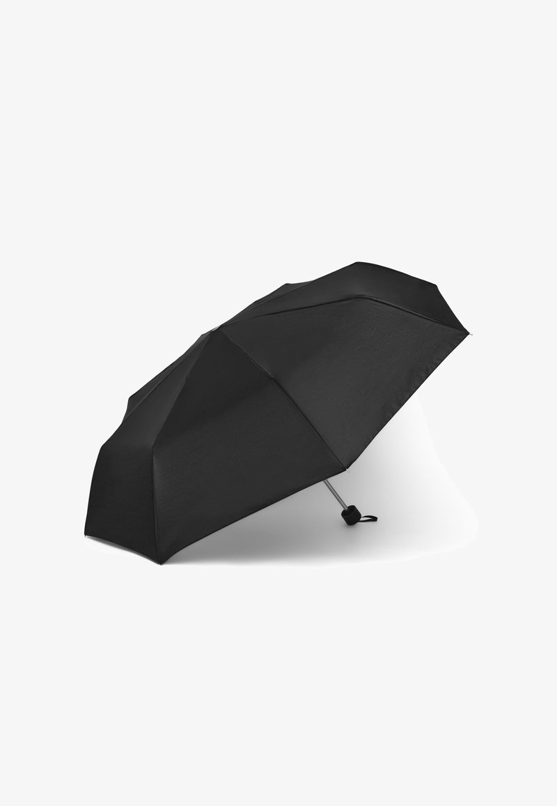 Ombrello nero con tenda curva, otto pannelli e manico in metallo argentato. Progettato per essere compatto e dotato di cinturino da polso.