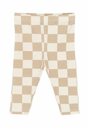 Pruunika ja kreemika ruudulise mustriga retuusid, valmistatud pehmest venivast kangast, millel on istuv lõige, elastne vöökoht ja sile pind.