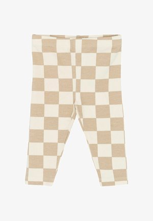 Legíny s béžovo-krémovým károvaným vzorom z jemnej elastickej tkaniny, majúce priliehavý strih, elastický pás a hladkú textúru.