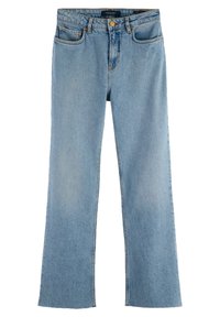 Jeans acampanados de color azul claro, hechos de denim. Presentan bolsillos delanteros, un cierre de botón metálico y un desgaste sutil para dar textura.