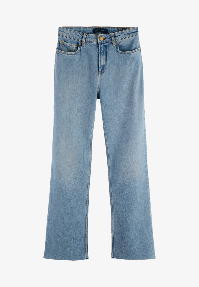 Ljusblå, utsvängda jeans i denim. Har framfickor, metallknappstängning och subtil blekning för textur.