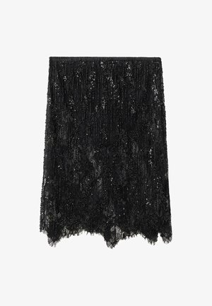 Crna čipkasta suknja s resastom teksturom i ukrasima od šljokica po cijeloj površini. Elastični pojas s valovitim rubom.