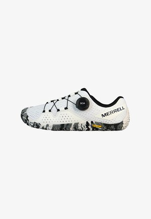White athletic shoe with mesh upper, black accents, Boa tightening system, and Vibram sole featuring a camouflage pattern in gray tones.