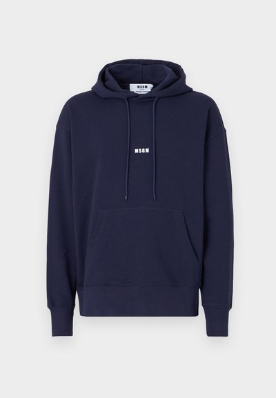 Navy blue hoodie with a front pocket, drawstring hood, and white "MSGM" logo on the chest. Soft material with ribbed cuffs and hem.