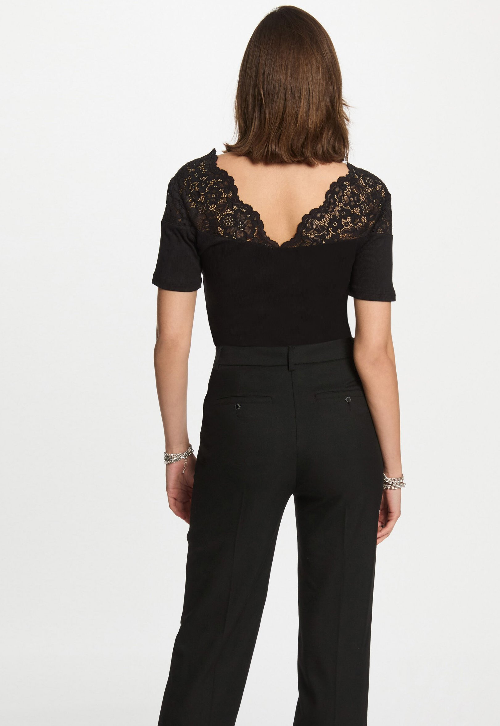 Morgan Damen T-Shirt Mit 3/4-Ärmeln & Spitze – Regular Fit, Stehkragen, Transparente Details