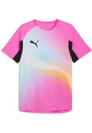 Kortærmet sportstrøje med lyserøde ærmer, sorte indvendige ærmepaneler og en pastel gradient foran med et sort Puma-logo på brystet.