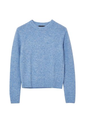 Maglione cropped azzurro chiaro realizzato in morbido tessuto a maglia. Presenta un colletto rotondo e polsini e orlo a costine. Nessun motivo o decorazione.